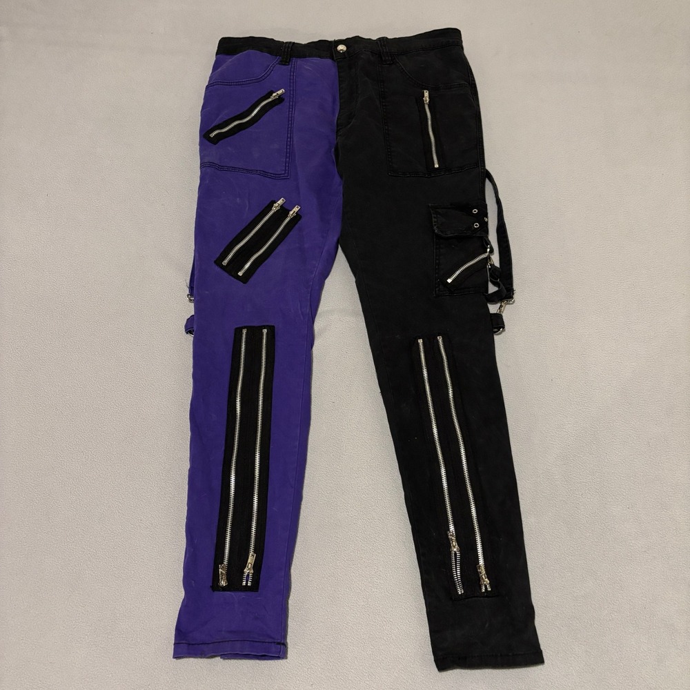 Tripp NYC Split Leg Bondage Pants Mens 38 Black Purple Y2K Grunge Gothic Emo